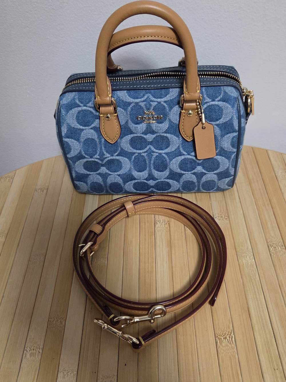 Coach Signature Denim Mini Rowa  in Blue with Tan Trim